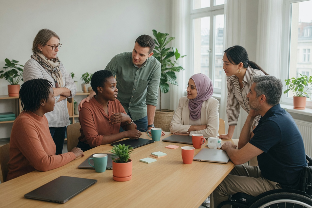 Fotografie eines diversen Teams in einem modernen Büro: Mitarbeitende hören einander aufmerksam zu und