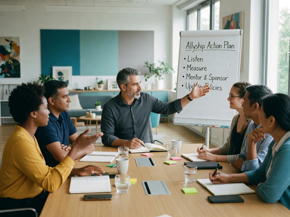 Male leader facilitates an inclusive workshop with a diverse team in a bright modern