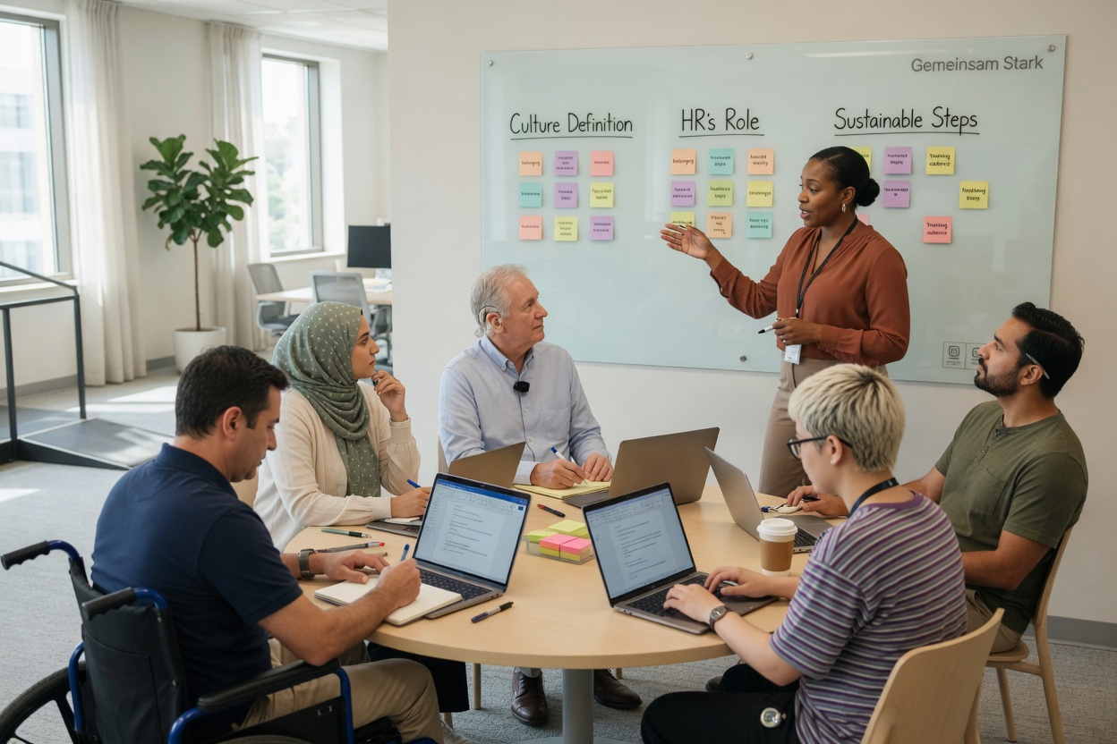 HR facilitator leads a diverse team in an inclusion workshop around a round table,
